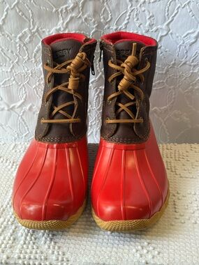 Sperry Womens Red Saltwater Waterproof Rubber Boots Sz 8 Duck Boots Mud Chore